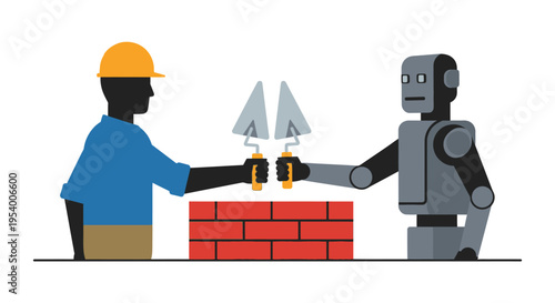 Industrial Automation Concept: Human Construction Worker and Robot Building Brick Wall Together with Trowels