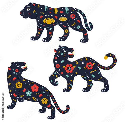 collection of whimsical Tigers in Chinese style, decorated with asian flowers and ornaments, isolated on white