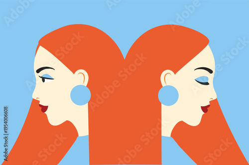 two females turned away from each other. Abstract concept illustration with female profiles against blue background