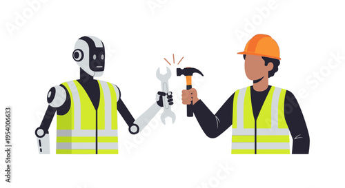 AI Robot and Human Construction Worker Collaboration Vector Illustration - Automation and Manual Labor Teamwork Concept in Industry