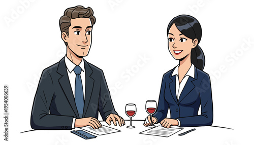 Businessman and businesswoman in a meeting with wine glasses
