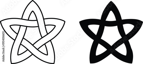 Abstract geometric star ornaments with endless loop knotwork illustrations isolated on white background for pagan branding spiritual symbols and logos.