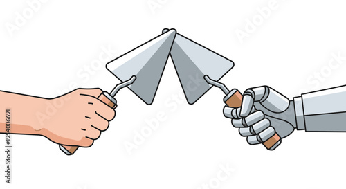Human Hand and Robot Hand Holding Trowels in Collaboration, Symbolizing AI and Automation in the Construction Industry and Masonry Work Illustration