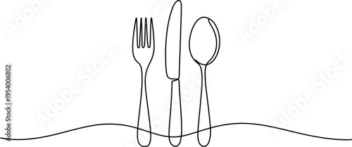 One line art of kitchen utensils featuring silverware set isolated on white background professional high quality vector for dining design.