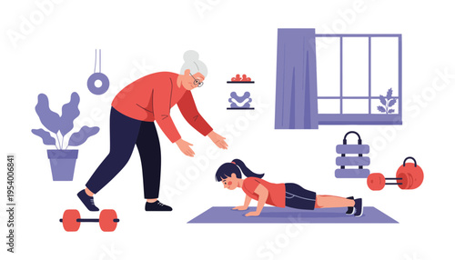 Fitness woman doing push-ups with elderly trainer in home gym