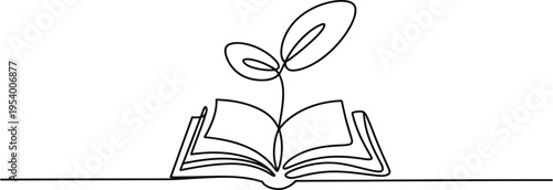 One line art of a book and seedling isolated on white background professional high quality vector for library and sustainability.