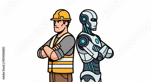 Human Construction Worker and Robot Standing Back to Back, Concept of Automation and Artificial Intelligence in Industry, Future of Work and Job Replacement Illustration