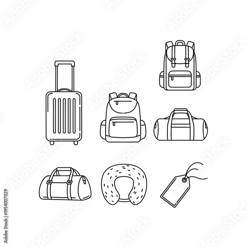 Travel luggage and accessory line art icons set. Outline vector illustration of suitcases, backpacks, duffel bags, neck pillow, and tag.