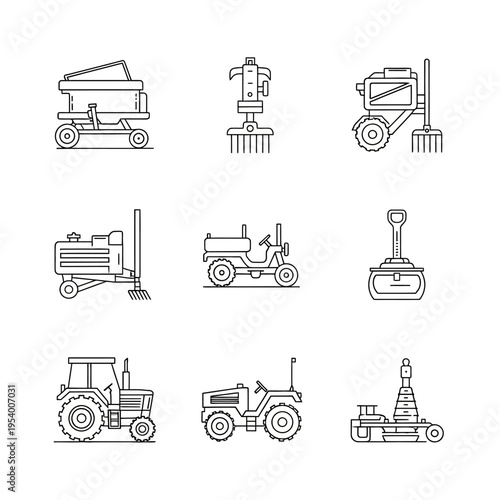 Agricultural Machinery Line Icons Set. Farm Equipment and Tools for Cultivation, Planting, and Harvesting Vector Illustration.