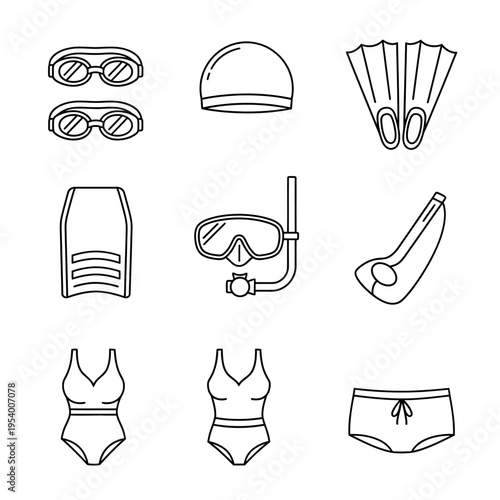 Swimming and Diving Equipment Line Art Icons Set. Water Sports Accessories, Swimwear, Goggles, Fins, and Cap Doodle Vector