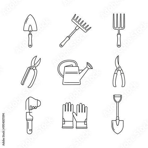 Gardening Tools Line Icons Set - Shovel, Rake, Trowel, Shears, Watering Can, Gloves for Horticulture and Planting