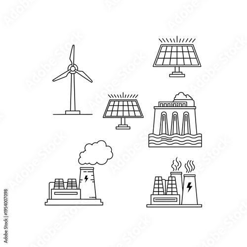 Sustainable and Traditional Energy Production Line Icons. Renewable Power Sources: Solar, Wind, Hydroelectric. Non-Renewable Power Plants.