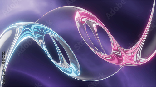 A digital art composition featuring a twisting blue and pink double helix structure against a dark purple background with swirling patterns