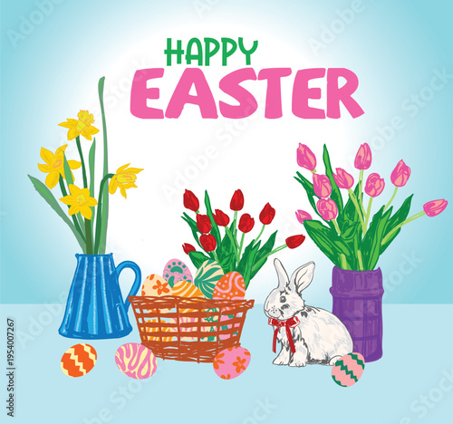 Easter Banner with Tulip Vases Wicker Basket Eggs and Cute Rabbit Poster