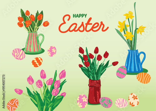 Happy Easter Banner with Tulip Vases and Colored Eggs Spring Floral Design