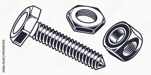 Assorted hardware components including a screw, nut, and washer