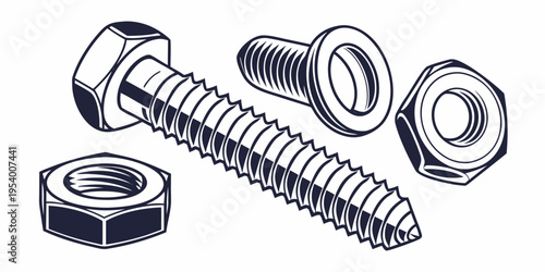Assorted hardware parts including bolts, nuts, and washers