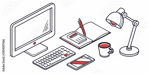 A well-organized workspace with a computer, notebook, and coffee cup