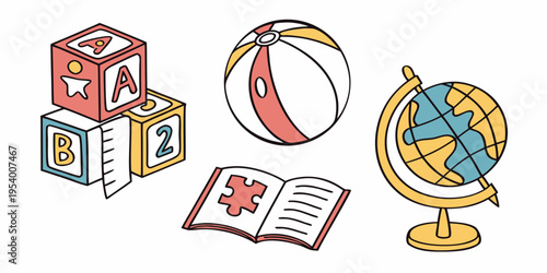 A collection of educational items including blocks, a globe, a book, and a ball