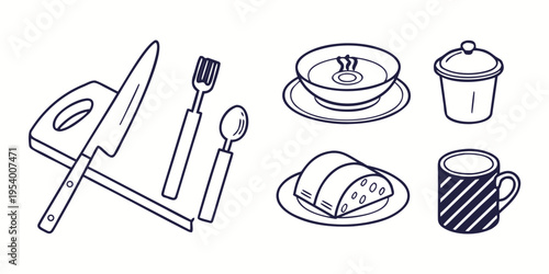 A variety of kitchen utensils and breakfast items on a table