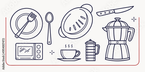 A collection of kitchen utensils and appliances for making coffee and tea