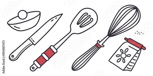 Assorted kitchen utensils including a whisk, spatula, and ladle