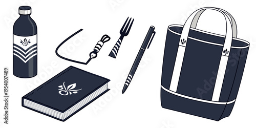 A collection of school supplies including a water bottle, notebook, pen, and tote bag