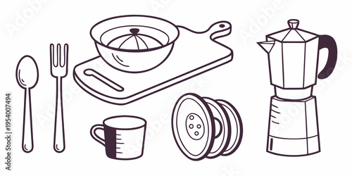 A variety of kitchen utensils and appliances illustrated in black and white