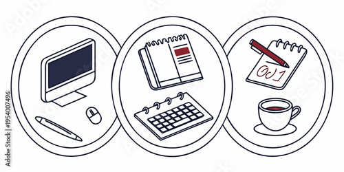 Illustration of various study and work tools including a computer, notebook, and coffee