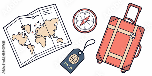 Travel essentials including a map, compass, phone, and suitcase
