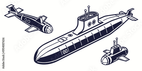 A collection of vintage style vehicles including a plane, submarine, and boat