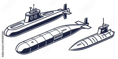 Three distinct submarines showcasing different designs and sizes in a simple illustration