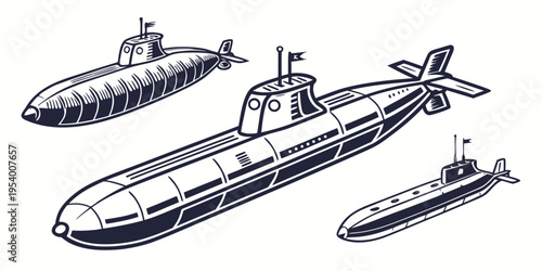 Three distinct submarines showcasing various designs and sizes in a detailed illustration