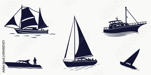 A collection of various types of boats and ships sailing on the water.