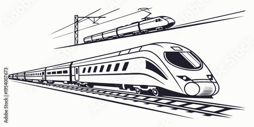 A sleek, modern high-speed train traveling through a scenic landscape with mountains in the distance.