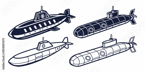 Four distinct submarines illustrated in a vintage style with intricate details and patterns