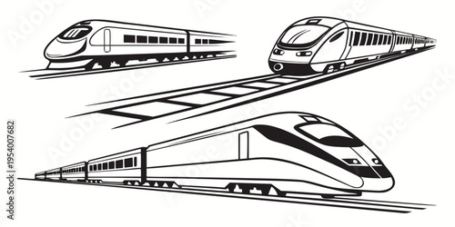 Three sleek and modern high-speed trains in a dynamic arrangement.