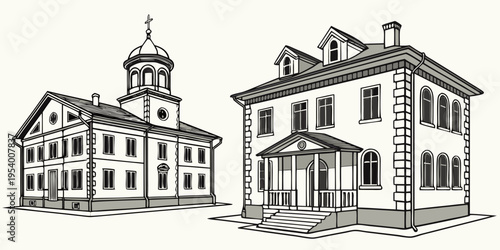 Two historic buildings with architectural details and a clock tower