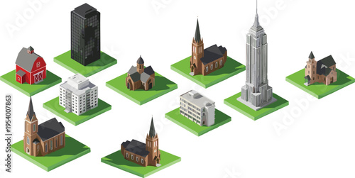 Vector illustration of isometric buildings including barn, skyscraper, apartment, churches, urban and rural architecture, modern and historical design