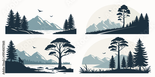Four distinct scenes of nature with trees and mountains under a cloudy sky