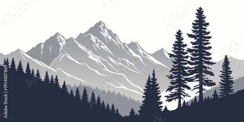 Majestic mountains towering over a serene forest landscape with tall pine trees