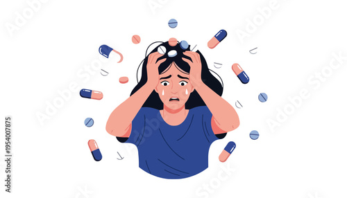 Overwhelmed woman surrounded by numerous pills and capsules in distress