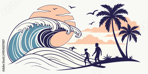 Cuadro en lienzo A serene beach scene with waves crashing and palm trees swaying gently
