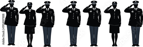 Vector illustration of military silhouettes saluting in uniform, male and female service members, respect, honor, discipline, unity concept