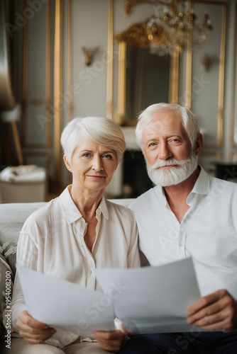 Senior couple planning legacy and estate, representing stability, foresight, and secure generational wealth transfer. Elderly couple reviewing future documents, confident. Careless living for aged peo
