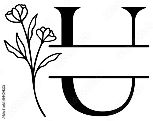 U Split Letter Border | Alphabet Monogram Frame | Decorative Vector Floral Design