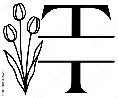 T Split Letter Border | Alphabet Monogram Frame | Decorative Vector Floral Design