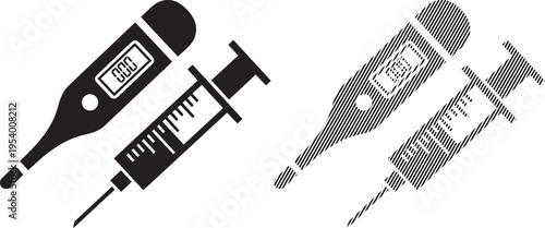 Medical tools including a thermometer, syringe, and insulin pen for injections