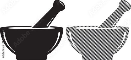 Historical depiction of a mortar and pestle in two different textures and colors.