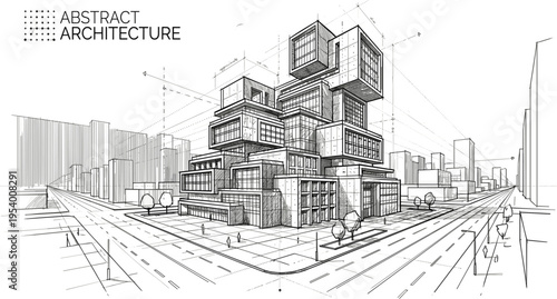 Abstract modern modular building architecture sketch with technical drafting lines isometric perspective urban development city planning concept illustration